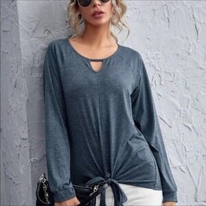 Keyhole Blue Hue Self Tie Front Long Sleeve Shirt